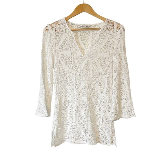 Trina Turk White Crochet Cotton 3/4 Sleeve V-Neck Top Size Medium‎ - Picture 1 of 5
